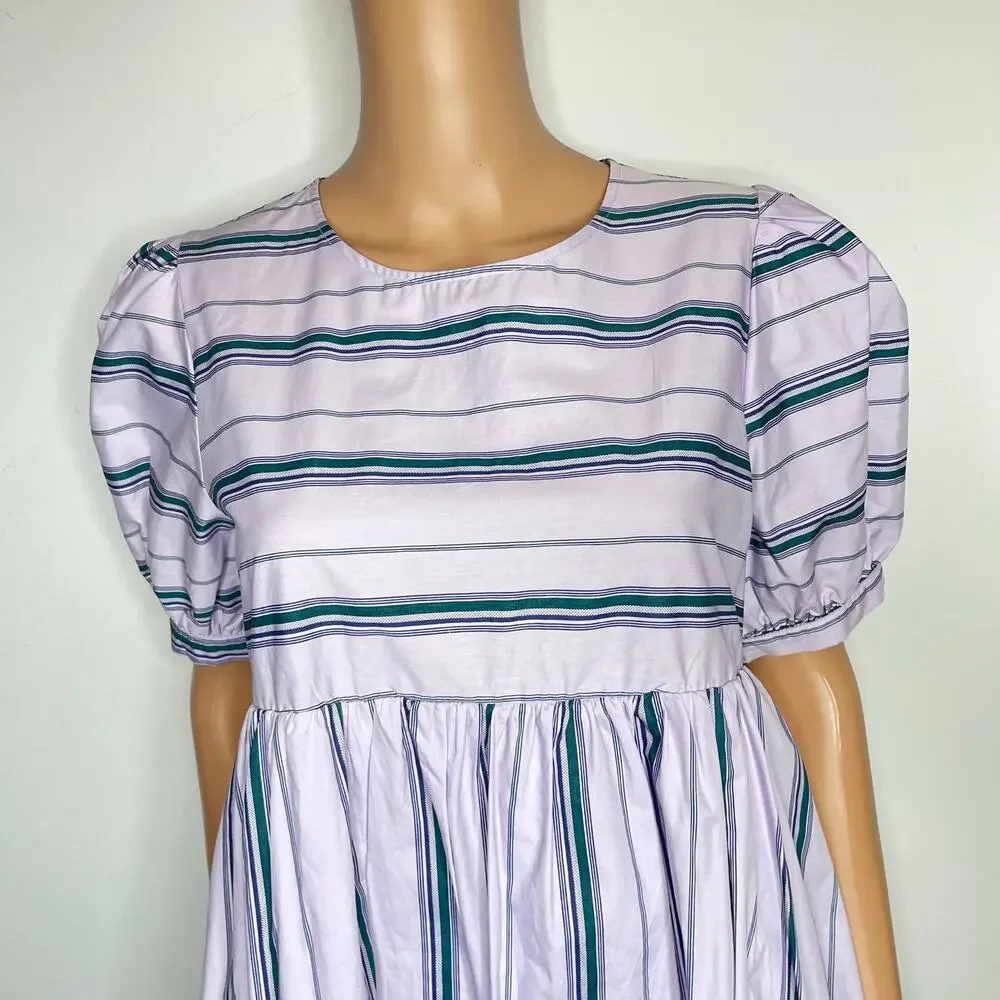 English Factory Puff Sleeve Striped Mini Dress size M Lilac Relaxed Babydoll New - Picture 7 of 10